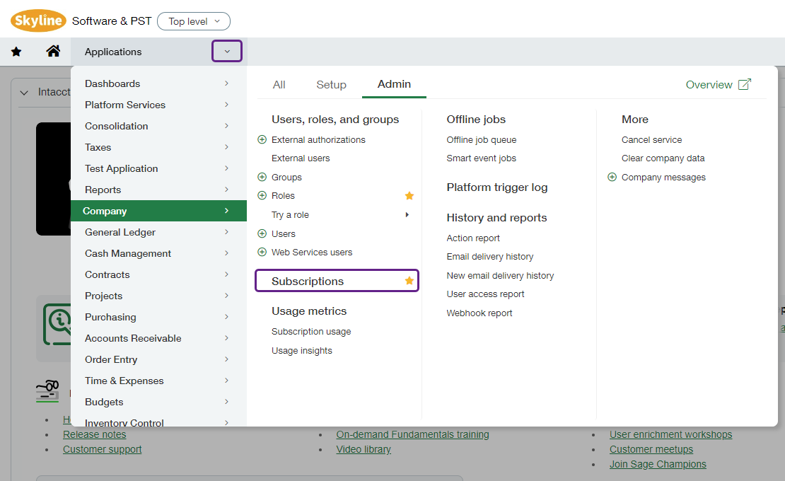 Screenshot of Sage Intacct interface displaying the dropdown menu that follows the Company to Admin to Subscriptions path. The Subscriptions menu option is highlighted.