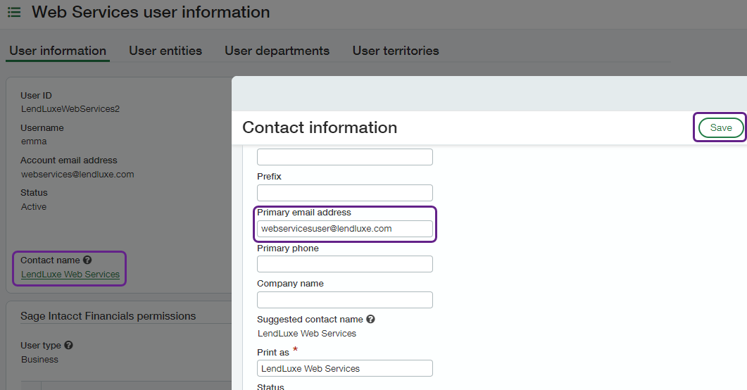 Screenshot of Sage Intacct interface displaying the Contact information pop-up with the Primary email address field outlined.