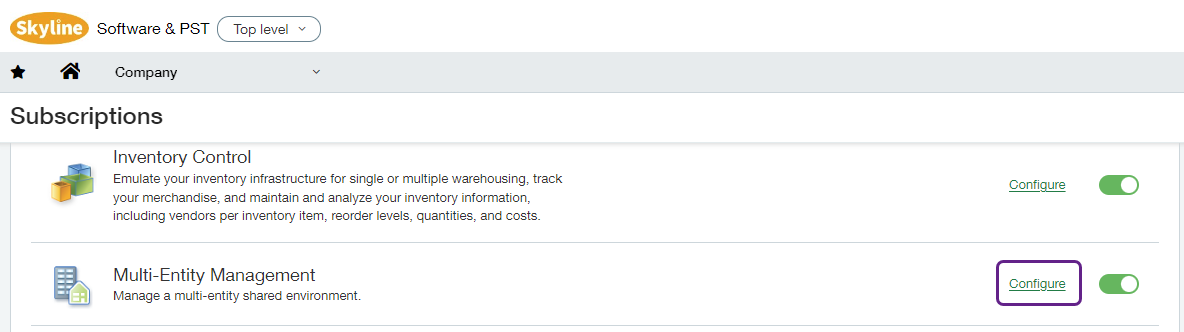 Screenshot of Sage Intacct Subscriptions screen with the Configure button outlined for the Multi-Entity Management subscription.